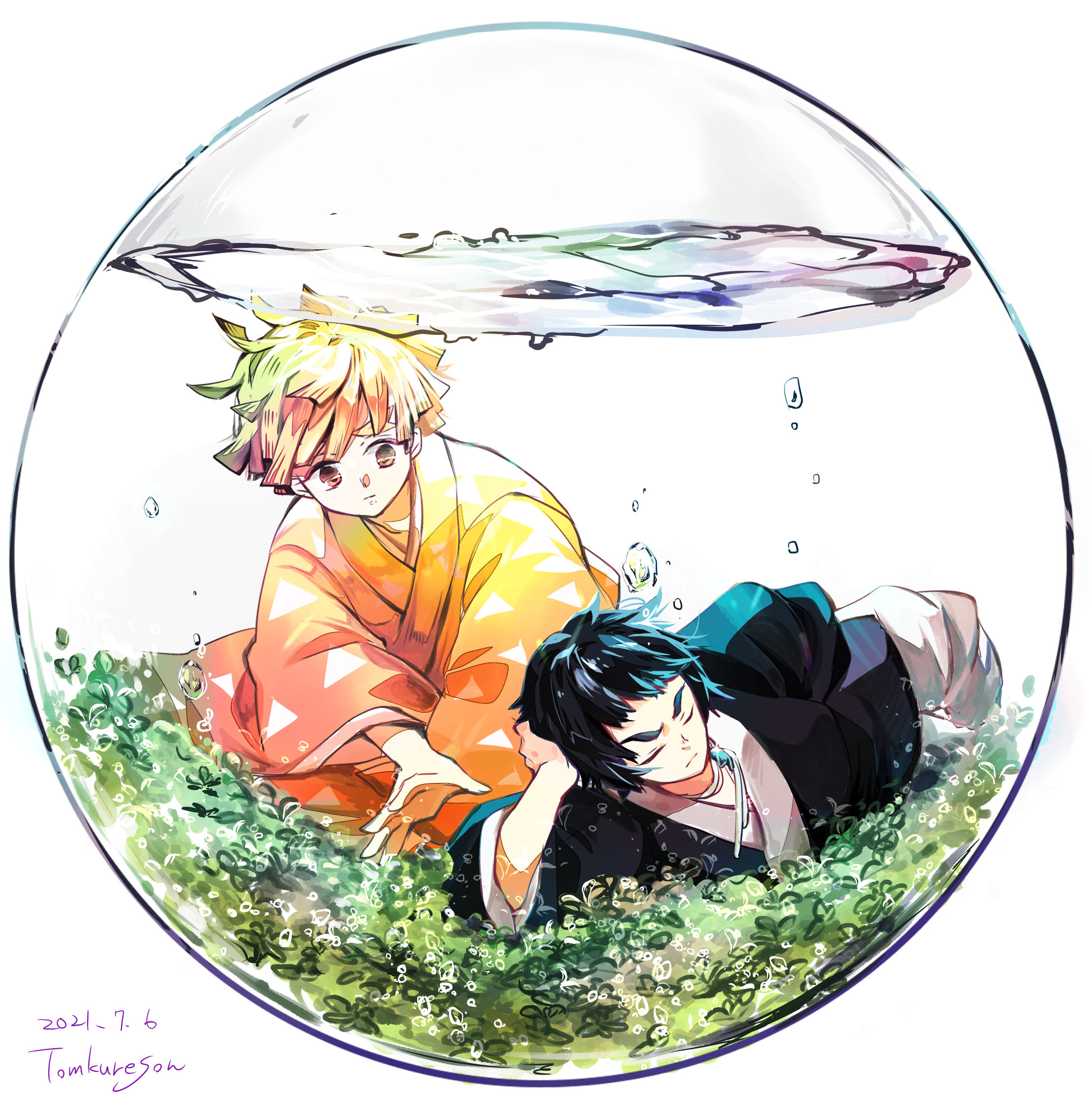 tomkureson, agatsuma zenitsu, kaigaku, kimetsu no yaiba, highres, 2boys, air bubble, artist name, black hair, black kimono, blonde hair, bubble, closed eyes, closed mouth, dated, fishbowl, full body, gakuran, japanese clothes, kimono, kneeling, long sleeves, looking at another, lying, male focus, multiple boys, on grass, on side, pants, school uniform, short hair, simple background, water, white background, white pants, wide sleeves, yellow eyes, yellow kimono