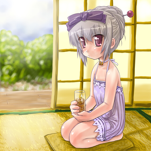 dd (ijigendd), 3.1-tan, os-tan, silver hair, 1girl, blurry, depth of field, female focus, full body, hair ornament, hair ribbon, hairpin, ice tea, looking at viewer, pillow, purple eyes, ribbon, seiza, shouji, sitting, sliding doors, solo, tatami