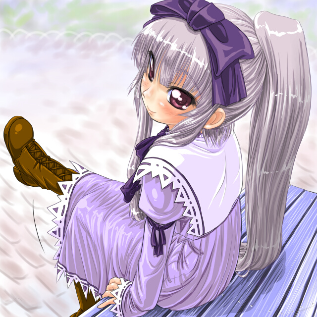 dd (ijigendd), 3.1-tan, os-tan, clothes, 1girl, bench, blunt bangs, blush, boots, brown boots, female focus, perspective, ponytail, purple eyes, sitting, solo