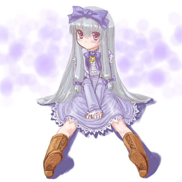 dd (ijigendd), 3.1-tan, os-tan, silver hair, 1girl, blush, boots, bow, bowtie, child, dress, female focus, full body, hair bow, hair ribbon, lace-up boots, long hair, long sleeves, looking at viewer, multiple hair bows, pink eyes, purple bow, purple bowtie, purple dress, purple hair, red eyes, ribbon, smile, solo, very long hair