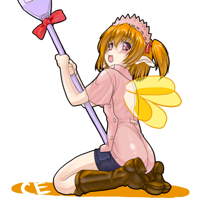dd (ijigendd), ce-tan, os-tan, 1girl, boots, bow, brown boots, brown hair, fairy, female focus, frills, from behind, full body, kneeling, looking at viewer, looking back, maid headdress, mini person, minigirl, one side up, orange hair, pink eyes, pointy ears, red eyes, short hair, shorts, solo, spoon, usb