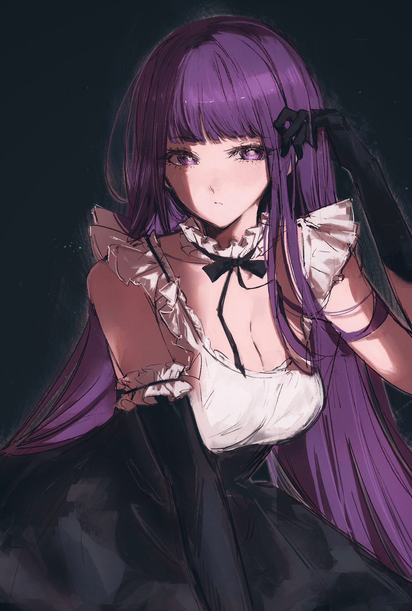 moku (muooku), fern (sousou no frieren), sousou no frieren, highres, 1girl, alternate costume, black dress, blunt bangs, blush, breasts, cleavage, closed mouth, detached sleeves, dress, large breasts, long hair, looking at viewer, low neckline, purple eyes, purple hair, sidelocks, solo