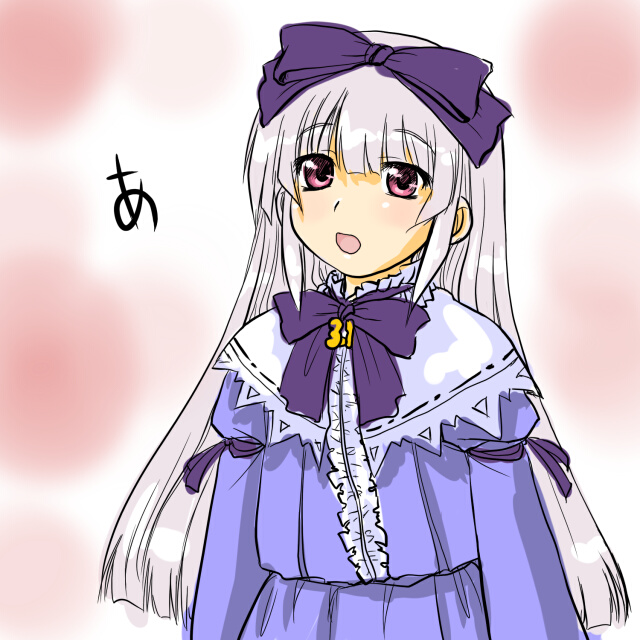 dd (ijigendd), 3.1-tan, os-tan, eyebrows, silver hair, 1girl, :d, a (phrase), blunt bangs, bow, bowtie, capelet, dress, expressionless, female focus, frills, hair bow, long sleeves, open mouth, pink background, purple bow, purple bowtie, purple dress, purple eyes, simple background, smile, solo, text focus, upper body