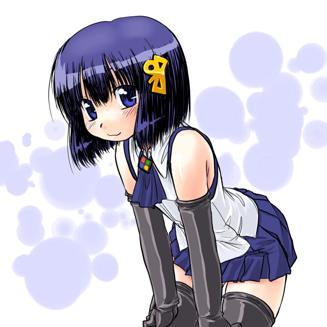 dd (ijigendd), 98-tan, os-tan, 1girl, blue eyes, blue hair, bob cut, boots, elbow gloves, female focus, gloves, hair ornament, hairpin, hands on own knees, latex, latex boots, latex gloves, leaning forward, looking at viewer, matching hair/eyes, neckerchief, pleated skirt, shirt, short hair, skirt, sleeveless, sleeveless shirt, solo, thighhighs, zettai ryouiki
