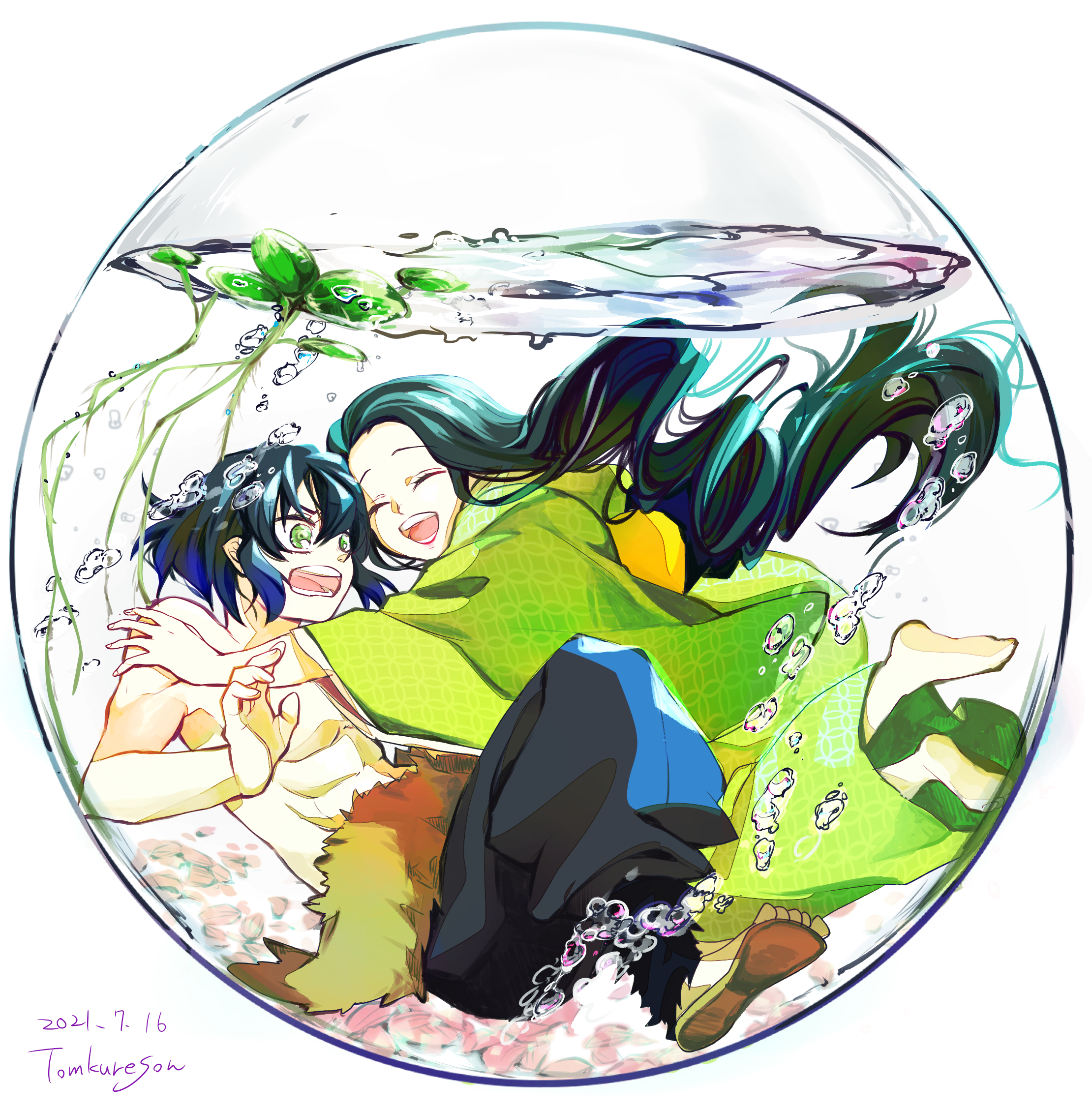 tomkureson, hashibira inosuke, hashibira kotoha, kimetsu no yaiba, highres, 1boy, 1girl, air bubble, artist name, black hair, black pants, bubble, closed mouth, dated, fishbowl, from side, full body, green kimono, hug, japanese clothes, kimono, long hair, long sleeves, mother and son, open mouth, pants, short hair, simple background, smile, topless male, water, white background, wide-eyed, wide sleeves