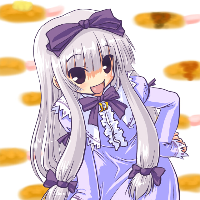 dd (ijigendd), 3.1-tan, os-tan, eyebrows, silver hair, 1girl, :d, blunt bangs, bow, bowtie, dress, female focus, hair bow, leaning forward, long hair, long sleeves, looking to the side, low-tied long hair, multiple hair bows, open mouth, purple bow, purple bowtie, purple dress, purple eyes, sidelocks, smile, solo, very long hair