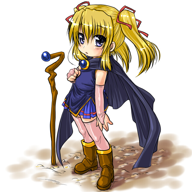 dd (ijigendd), blonde hair, cape, full body, pink thighhighs, purple eyes, solo, staff, standing, thighhighs, twintails