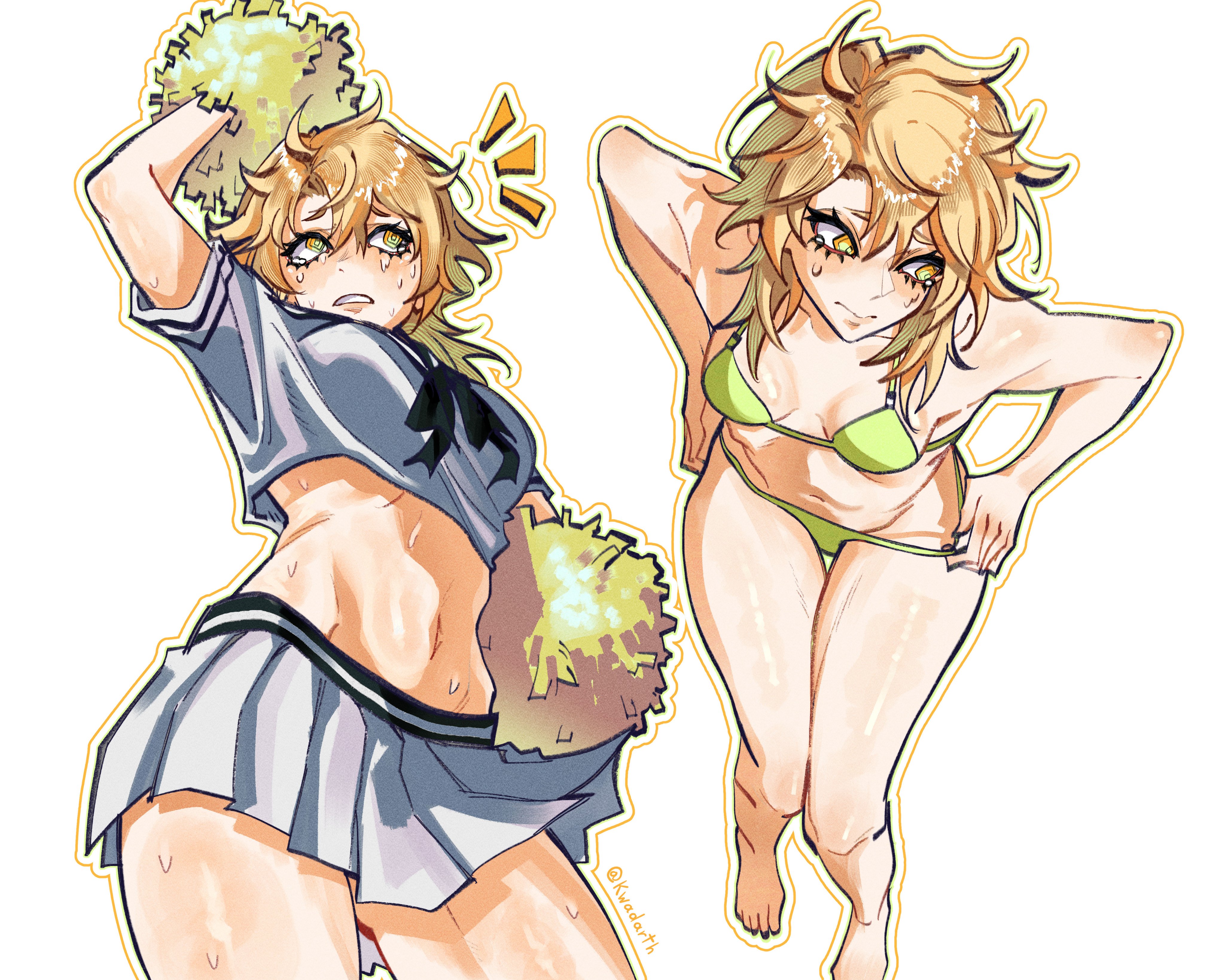 kwadarth, famine devil (chainsaw man), chainsaw man, absurdres, commentary, highres, 1girl, bikini, blonde hair, breasts, cheerleader, cleavage, closed mouth, green bikini, hair between eyes, midriff, navel, official alternate costume, pleated skirt, pom pom (cheerleading), ringed eyes, shirt, short hair, short sleeves, simple background, skirt, small breasts, stomach, sweat, swimsuit, tears, twitter username, white background, white shirt, yellow eyes