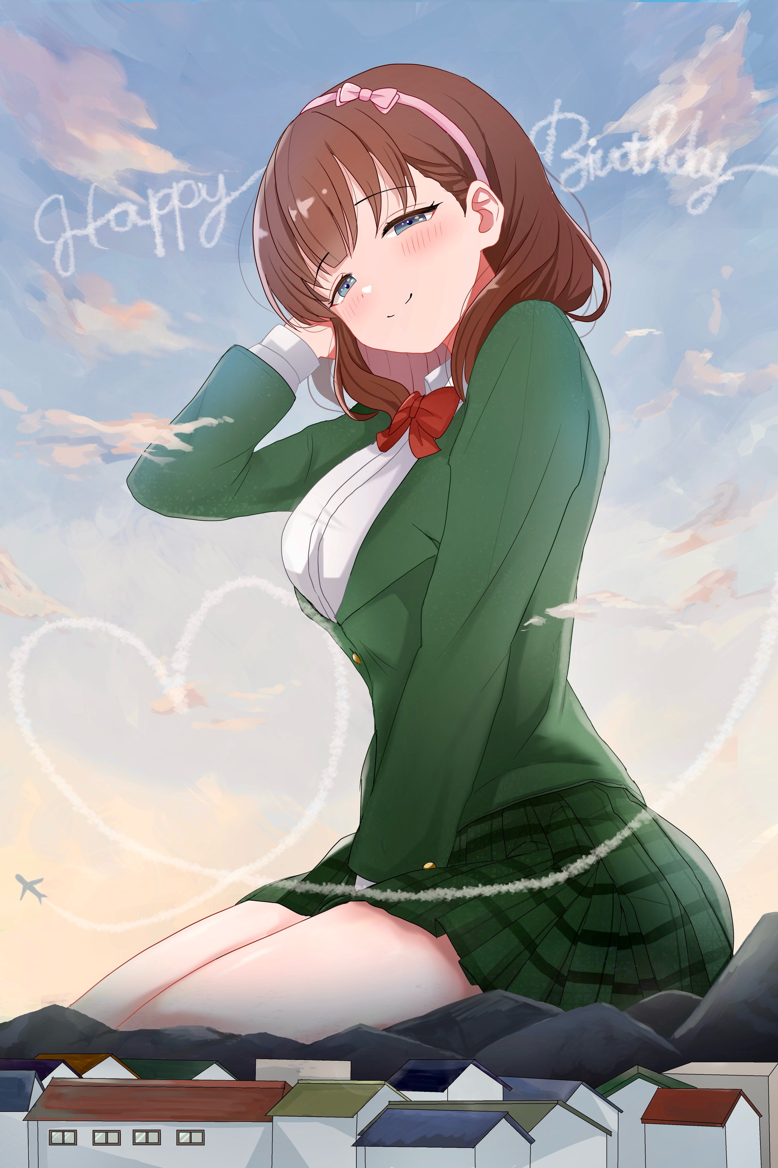 mama (8aqpj), sakuma mayu, idolmaster, idolmaster cinderella girls, absurdres, highres, 1girl, blue eyes, bow, bow hairband, bowtie, brown hair, giant, giantess, green jacket, green skirt, hairband, happy birthday, house, jacket, looking at viewer, outdoors, pink hairband, plaid clothes, plaid skirt, pleated skirt, red bow, red bowtie, school uniform, seiza, shirt, short hair, sitting, skirt, smile, solo, white shirt