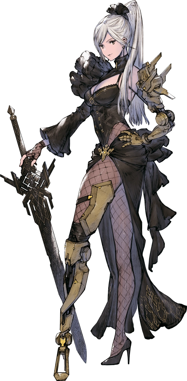 rr (suisse200), frenlyse, nier (series), nier reincarnation, highres, official art, 1girl, bare shoulders, black dress, breasts, dress, earrings, high heels, jewelry, long hair, looking at viewer, solo, standing, white hair