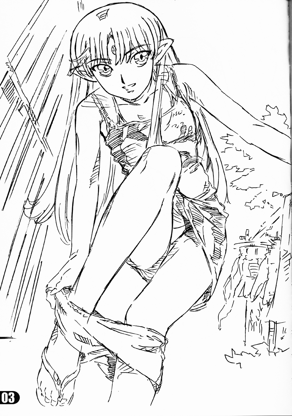 musashiseki bombers, watabe keisuke, lafiel, seikai no senki, highres, official art, scan, 1girl, female focus, greyscale, monochrome, pointy ears, sketch, solo
