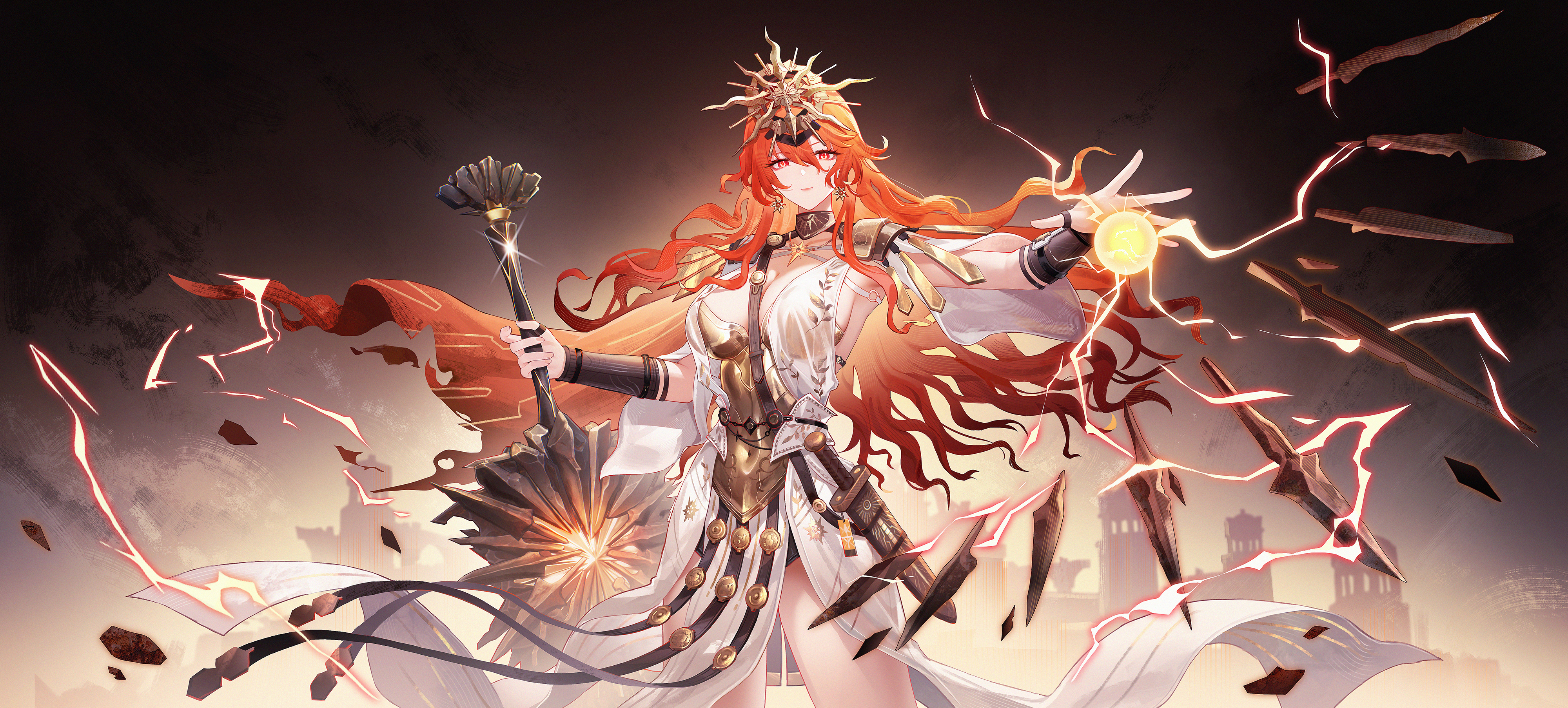 jianshu, augusta (wuthering waves), wuthering waves, absurdres, commentary request, highres, partial commentary, 1girl, ancient greek clothes, arm armor, armor, black collar, breastplate, breasts, cleavage, closed mouth, collar, colored inner hair, cowboy shot, dress, earrings, electricity, greatsword, greco-roman clothes, hair between eyes, hair spread out, headgear, holding, holding sword, holding weapon, jewelry, large breasts, long hair, looking at viewer, multicolored hair, orange hair, orb, red eyes, sheath, solo, sun earrings, sun necklace, sword, weapon, white dress