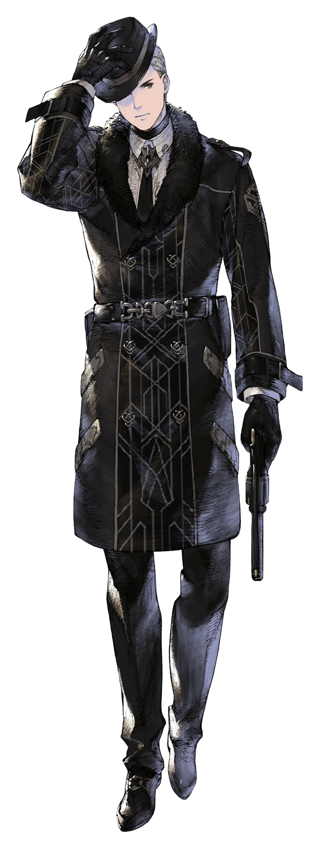 rr (suisse200), nier (series), nier reincarnation, highres, official art, 1boy, black hat, black necktie, black shoes, blonde hair, gloves, gun, hat, holding, holding gun, holding weapon, necktie, shoes, short hair, solo, standing, weapon