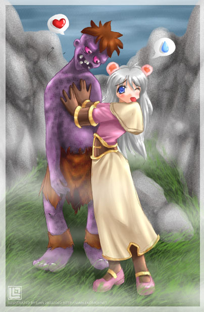 lian (exorsus), acolyte (ragnarok online), ragnarok online, 1girl, animal ears, barefoot, blue eyes, brown hair, grey hair, heart, long hair, pushing, sweatdrop, tongue, wings, zombie