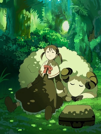 original, 1girl, briefcase, brown dress, brown hair, brown shoes, closed eyes, dappled sunlight, dress, female focus, forest, grass, nature, outdoors, plant, shadow, sheep, shoes, short twintails, sleeping, solo, sunlight, twintails