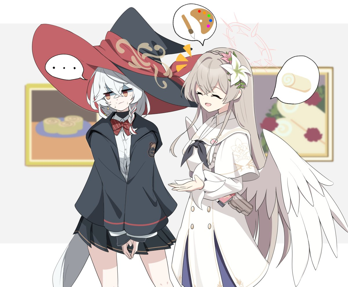 eri (blue archive), nagisa (blue archive), blue archive, 2girls, angel wings, averting eyes, bow, bowtie, braid, brown hair, cake, dress, eyeshadow, flower, food, gun, hair flower, hair ornament, halo, hat, holster, jacket, long bangs, long coat, long hair, makeup, multiple girls, orange eyes, paint palette, paintbrush, painting (object), shirt, skirt, speech bubble, sweatdrop, sweater, weapon, white hair, wings, witch hat