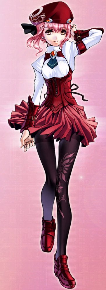 momo mizrahi, xenosaga, xenosaga episode iii, official art, 00s, 1girl, female focus, legs, pantyhose, pink hair, skirt, solo, thigh gap, yellow eyes