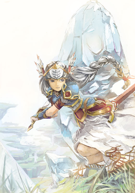 lenneth valkyrie, valkyrie profile (series), silver hair, 1girl, armor, armored dress, battle, blue eyes, braid, cloud, dress, female focus, grass, head wings, helmet, long hair, ponytail, rock, scabbard, sheath, single braid, solo, sword, very long hair, weapon, wings
