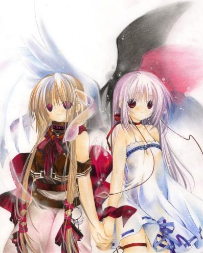 moo (umineko), lowres, 2girls, bare shoulders, blonde hair, choker, dress, holding hands, interlocked fingers, long hair, multiple girls, pink hair, red eyes, ribbon, ribbon choker, ribbon trim, strapless, strapless dress, very long hair, wings