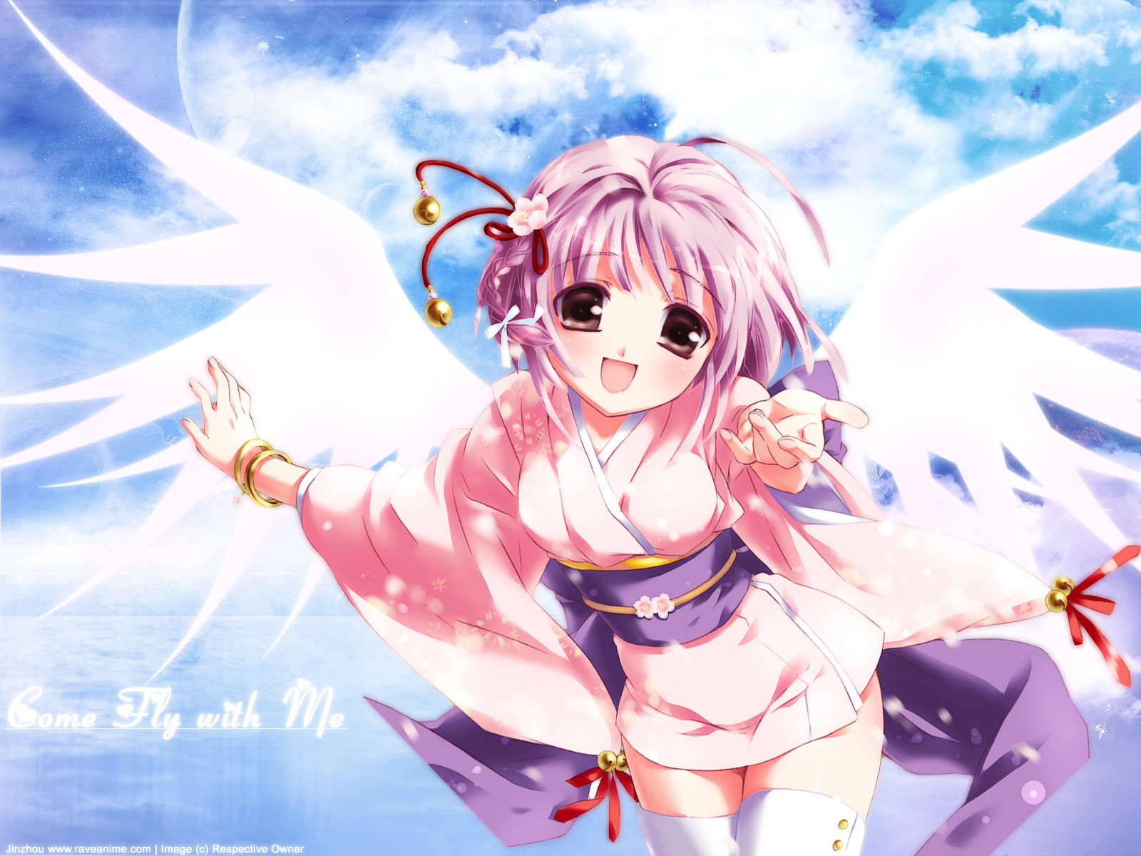 kamiya maneki, highres, 1girl, :d, ahoge, bell, blush, bow, bracelet, braid, female focus, flower, hair bow, hair flower, hair ornament, hair ribbon, hairclip, hairpin, japanese clothes, jewelry, kimono, open mouth, outstretched arm, pink hair, purple hair, ribbon, short kimono, smile, solo, thighhighs, wings