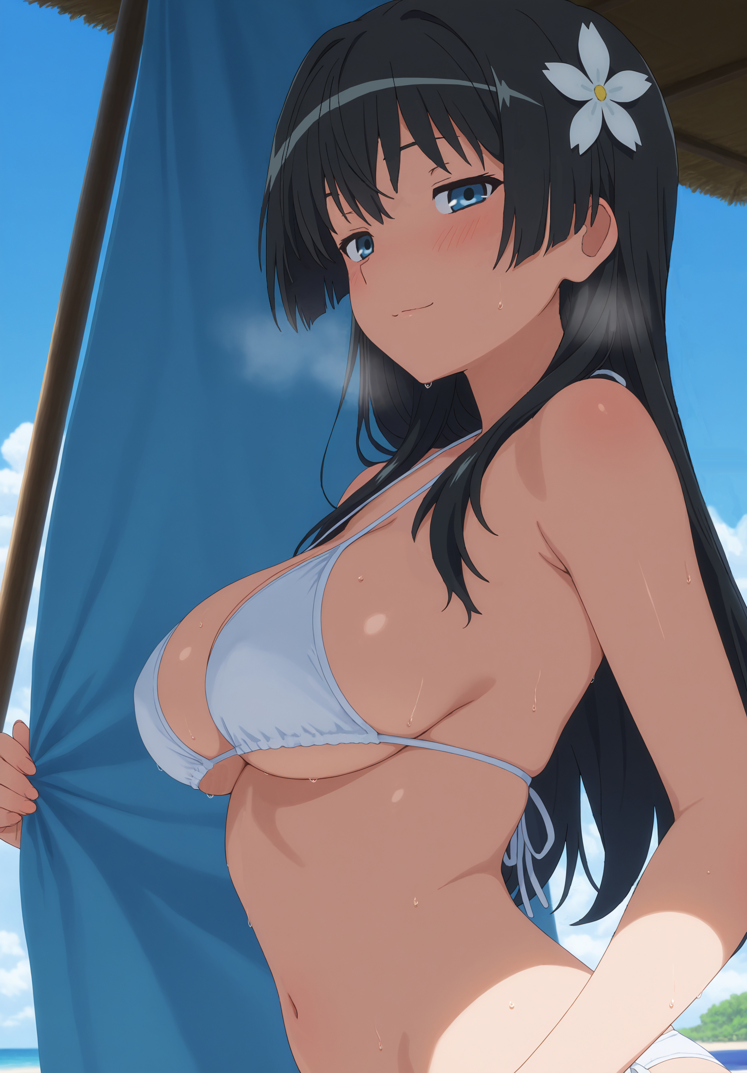 saten ruiko, toaru kagaku no railgun, toaru majutsu no index, artist request, highres, 1girl, beach, bikini, black hair, blue eyes, blush, breasts, cleavage, half-closed eyes, large breasts, legs, long hair, looking at viewer, navel, seductive gaze, seductive smile, shadow, sideboob, smile, solo, sweat, swimsuit, thighs, underboob, white bikini