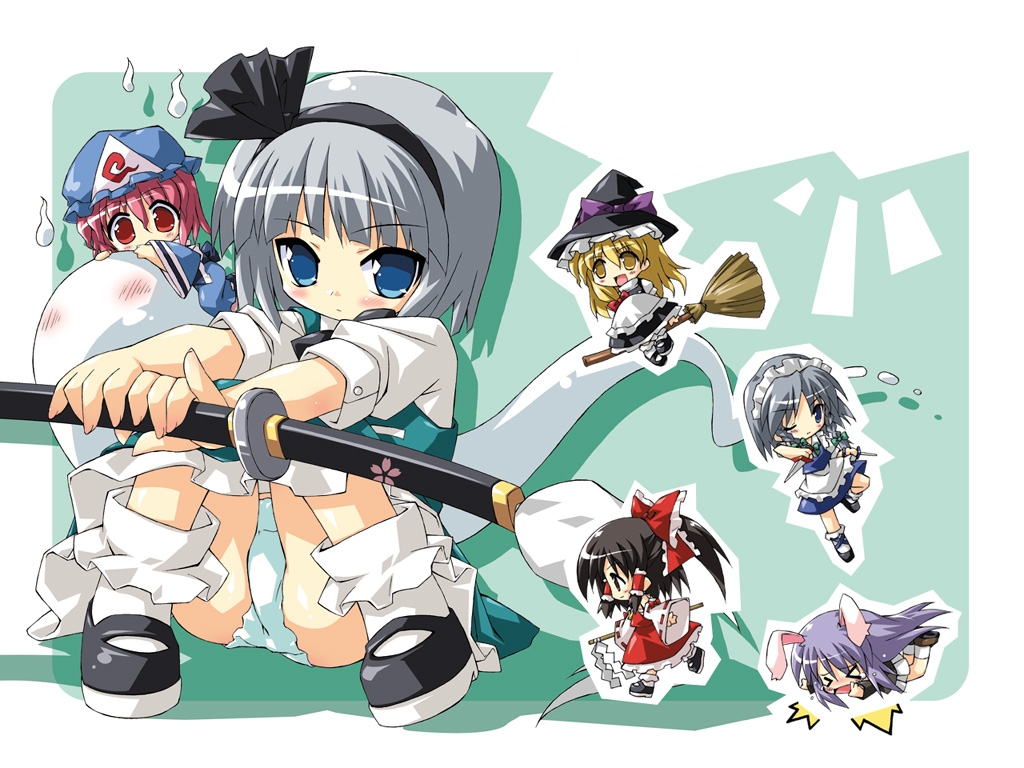 petenshi (dr. vermilion), hakurei reimu, izayoi sakuya, kirisame marisa, konpaku youmu, konpaku youmu (ghost), reisen udongein inaba, saigyouji yuyuko, touhou, > <, 6+girls, animal ears, blonde hair, chibi, closed eyes, female focus, hat, katana, multiple girls, panties, pantyshot, rabbit ears, sheath, sheathed, sword, underwear, weapon, witch hat