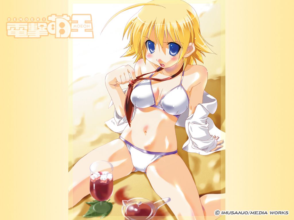 imu sanjo, dengeki moeoh, 1girl, bikini, blonde hair, blue eyes, breasts, female focus, navel, necktie, sitting, solo, spread legs, swimsuit, white bikini