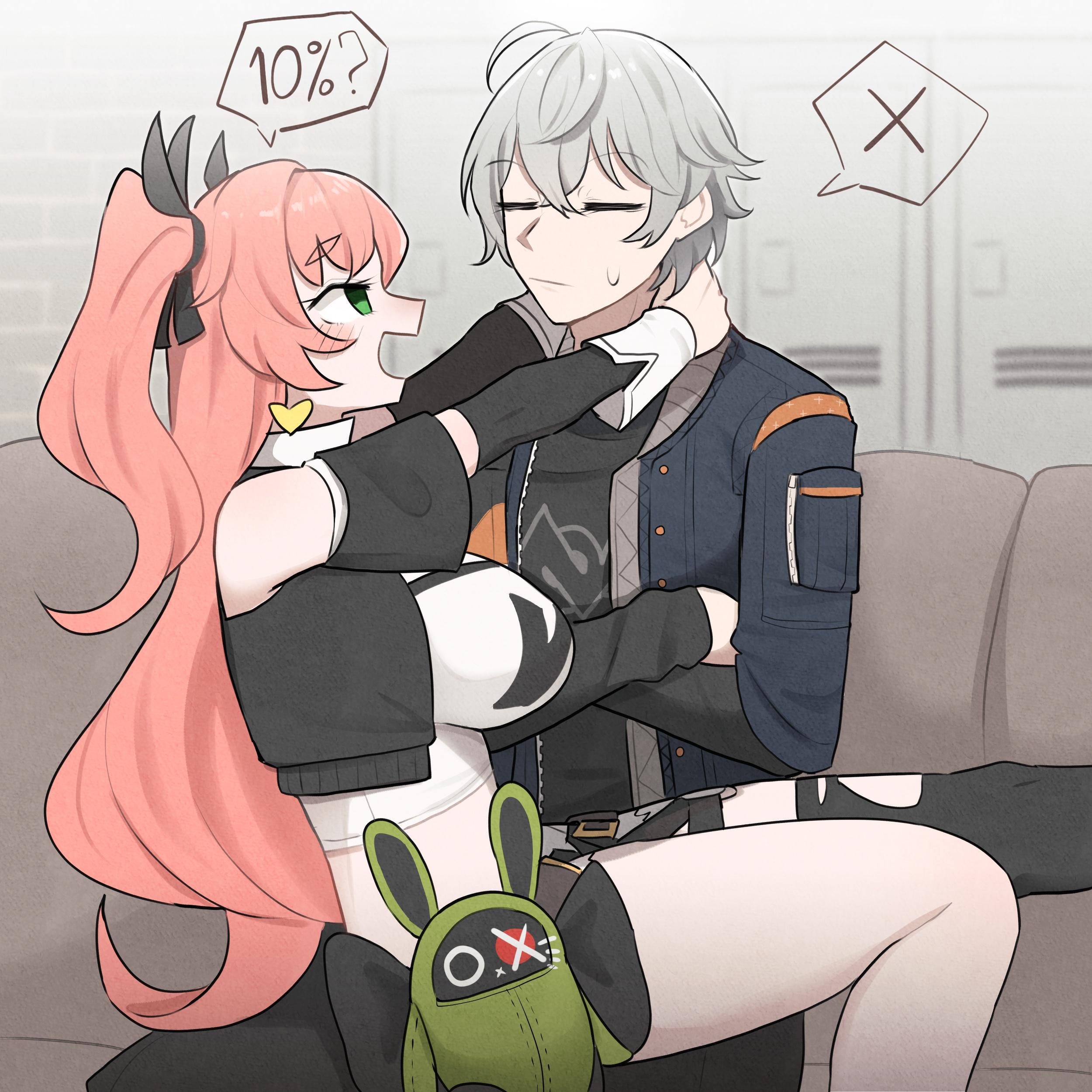 mata (matasoup), nicole demara, wise (zenless zone zero), zenless zone zero, absurdres, highres, black pants, black shirt, blush, closed eyes, closed mouth, couch, crop top, green eyes, grey hair, hetero, long hair, on couch, open mouth, pants, pink hair, shirt, short hair, sitting, sitting on lap, sitting on person, speech bubble, white shirt