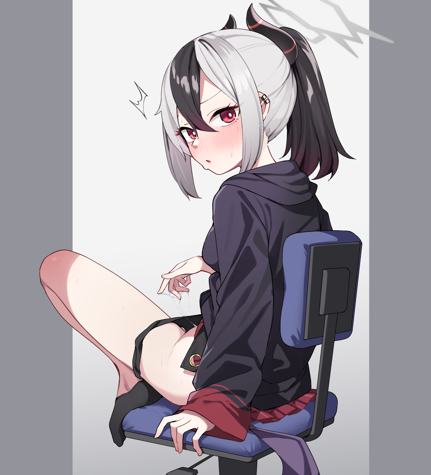 menbou (menbow3v), kayoko (blue archive), blue archive, highres, 1girl, black hair, black hoodie, black horns, black panties, black socks, blush, caught, chair, clothes lift, demon girl, demon horns, earclip, female masturbation, grey halo, halo, hood, hoodie, horns, long sleeves, looking at viewer, masturbation, multicolored hair, on chair, panties, panty pull, ponytail, pussy juice, red eyes, red skirt, skirt, skirt lift, socks, two-tone hair, underwear, white hair