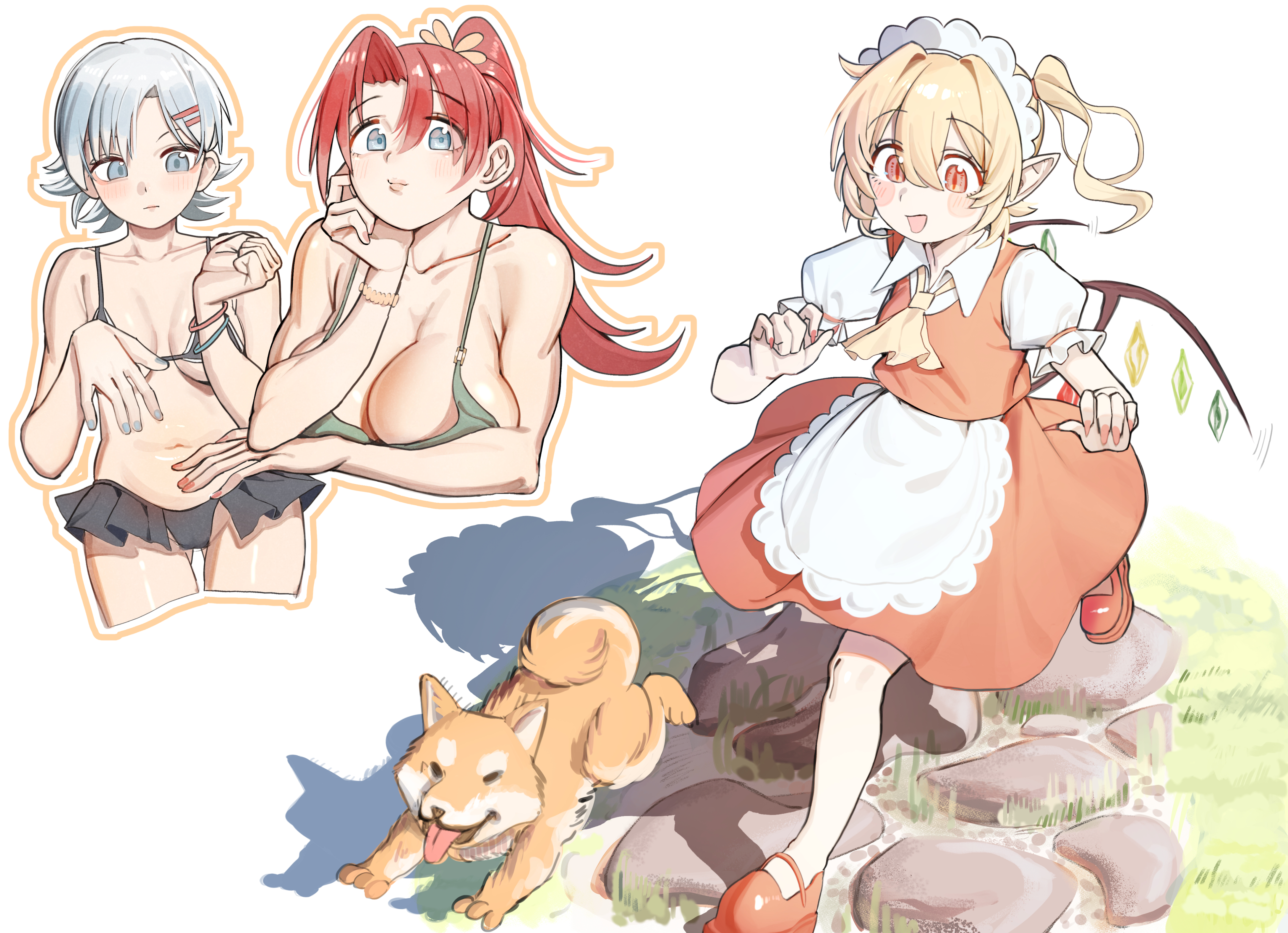 ylong, flandre scarlet, hong meiling, izayoi sakuya, touhou, absurdres, commentary request, highres, 3girls, :d, apron, ascot, bare shoulders, bikini, bikini skirt, black bikini, blonde hair, blue eyes, blue hair, blue nails, blush, bracelet, breasts, cameltoe, collarbone, collared shirt, crystal wings, dog, fingernails, frilled apron, frills, grass, green bikini, jewelry, large breasts, lips, long fingernails, looking at hand, maid headdress, medium breasts, multiple girls, navel, open mouth, orange outline, outline, path, pointy ears, ponytail, puffy short sleeves, puffy sleeves, pursed lips, red eyes, red hair, red nails, red shoes, red skirt, red vest, road, running, shadow, shirt, shoes, short sleeves, side ponytail, skirt, slit pupils, smile, stomach, swimsuit, vest, white apron, white background, wings, yellow ascot