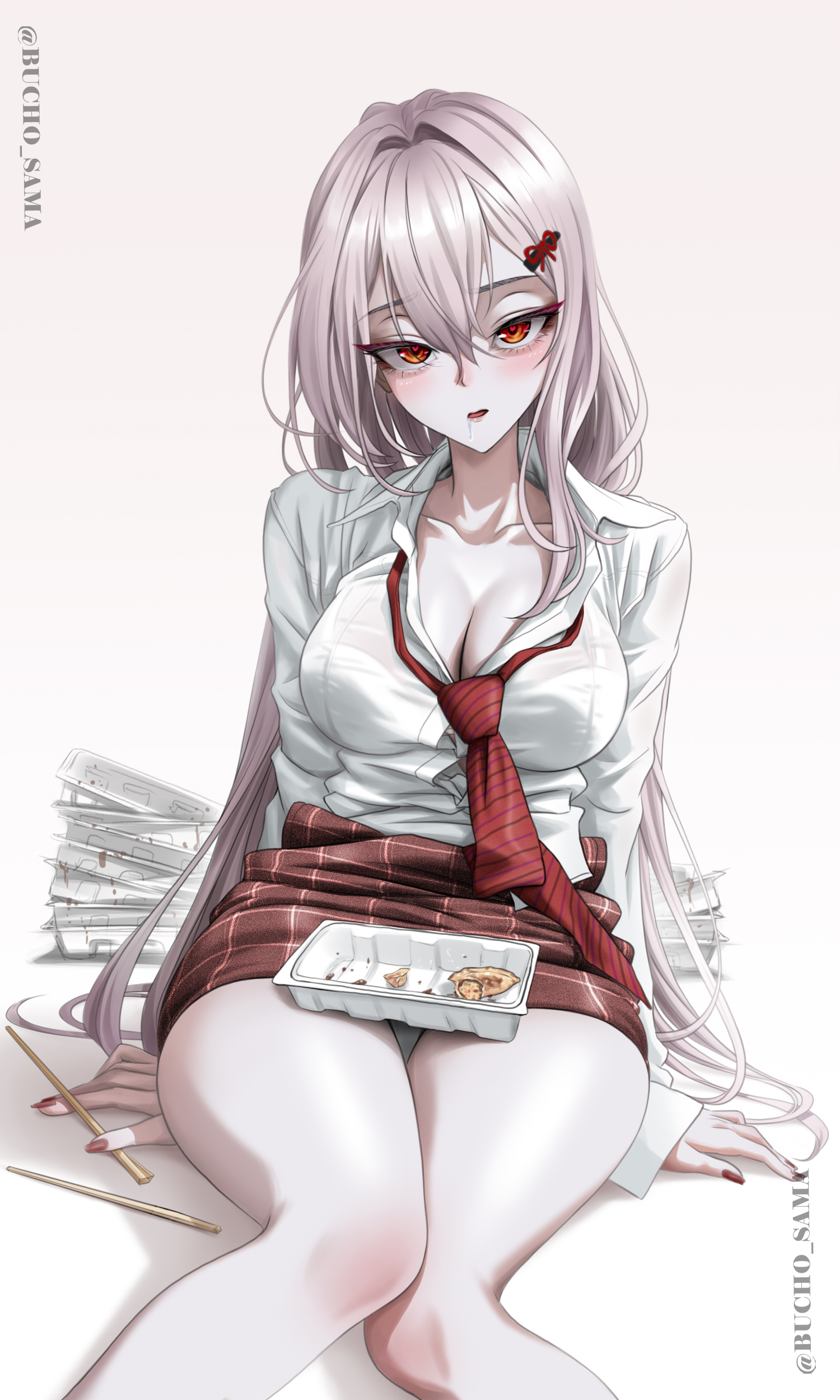 bucho sama, scarlet (nikke), goddess of victory: nikke, absurdres, highres, 1girl, bare legs, blush, breasts, brown eyes, cleavage cutout, clothing cutout, collarbone, hair between eyes, heart, heart-shaped pupils, large breasts, long hair, looking at viewer, miniskirt, necktie, open mouth, panties, pencil skirt, pink hair, red nails, red necktie, red skirt, saliva, sidelocks, skirt, solo, symbol-shaped pupils, underwear, white panties