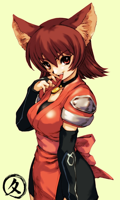 hisahiko, mao (shining tears), sega, shining (series), shining tears, 1girl, animal ears, breasts, brown hair, collar, elbow gloves, fang, fangs, female focus, gloves, japanese clothes, large breasts, short hair, solo, tongue