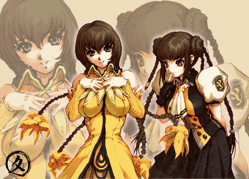 hisahiko, adora, reith, magna carta, magna carta: the phantom of avalanche, magna carta crimson stigmata, 2girls, braid, breast suppress, breasts, brown hair, gloves, large breasts, long hair, multiple girls, puffy short sleeves, puffy sleeves, short sleeves, very long hair, zoom layer