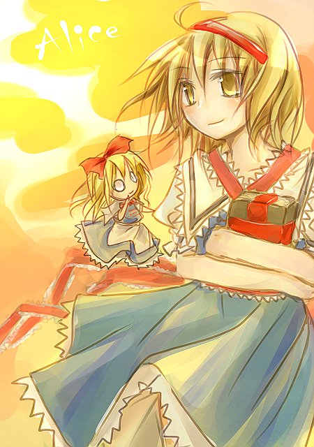 sakusakumonoka, alice margatroid, shanghai doll, touhou, bad id, bad pixiv id, 2girls, female focus, multiple girls, smile, solo, standing