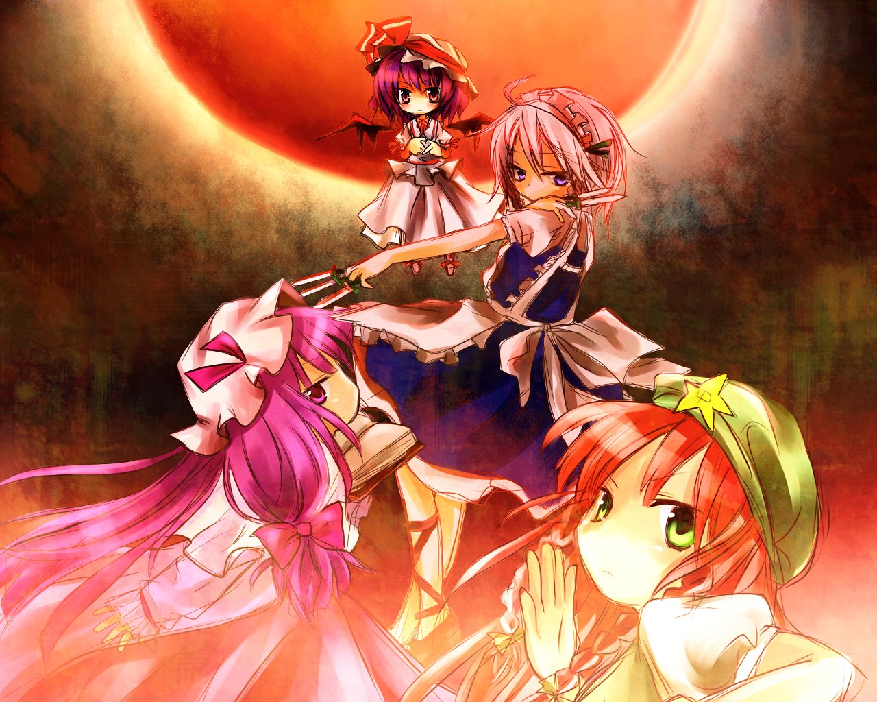 sakusakumonoka, hong meiling, izayoi sakuya, patchouli knowledge, remilia scarlet, immaterial and missing power, touhou, silver hair, bad id, bad pixiv id, 4girls, apron, blue eyes, bow, braid, dress, female focus, full moon, green eyes, hat, long hair, maid headdress, moon, multiple girls, puffy sleeves, purple hair, red eyes, red hair, ribbon, star (symbol), very long hair, wings