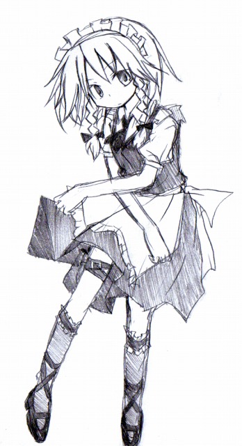 sakusakumonoka, izayoi sakuya, touhou, 1girl, female focus, greyscale, maid, monochrome, sketch, solo, white background