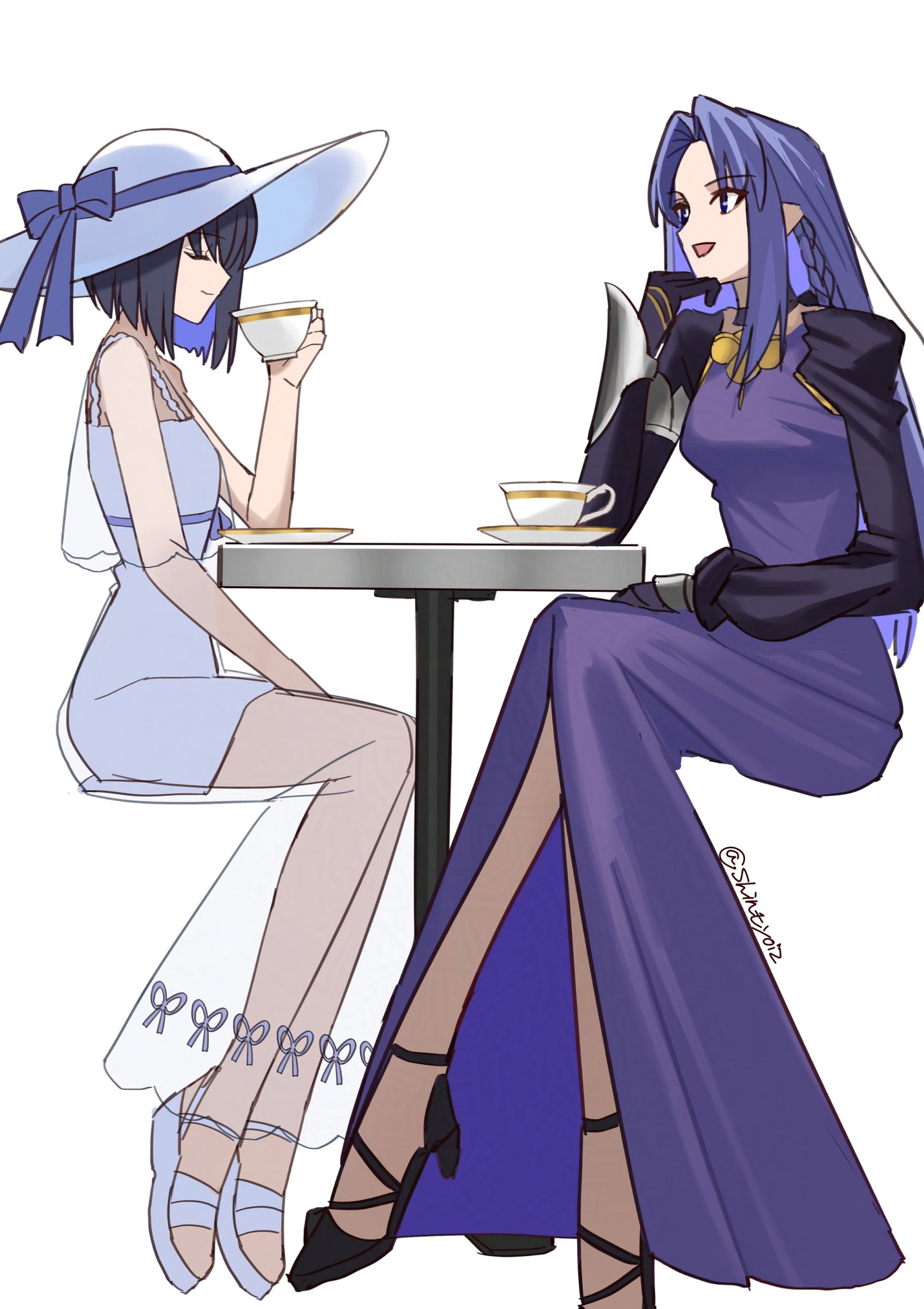 shintyoi2, kuonji alice, medea (caster) (fate), medea (fate), fate/grand order, fate (series), mahou tsukai no yoru, commentary request, highres, 2girls, black hair, braid, closed eyes, closed mouth, crossed legs, dress, hat, kuonji alice (second ascension), long sleeves, multiple girls, open mouth, pointy ears, profile, purple dress, purple eyes, purple hair, short hair, simple background, sitting, smile, sun hat, table, twitter username, white background, white dress, white hat