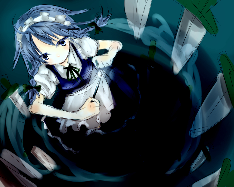sakusakumonoka, izayoi sakuya, touhou, silver hair, 1girl, braid, female focus, knife, short hair, solo, throwing knife, twin braids, weapon