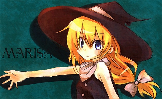 sakusakumonoka, kirisame marisa, touhou, 1girl, alternate costume, blonde hair, blue eyes, bow, character name, female focus, hair bow, hat, long hair, scarf, smile, solo, witch hat