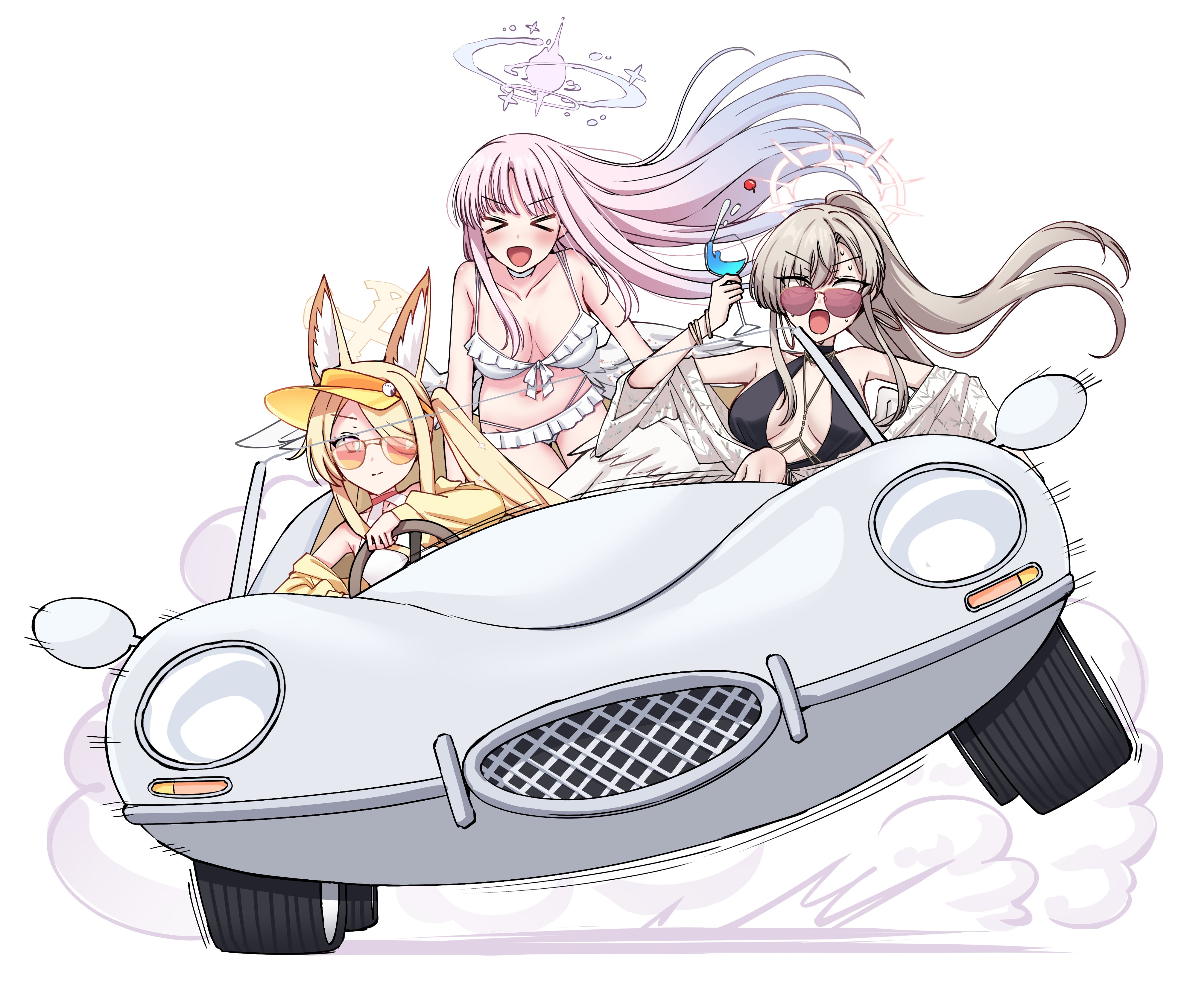 kiritto, mika (blue archive), mika (swimsuit) (blue archive), nagisa (blue archive), nagisa (swimsuit) (blue archive), seia (blue archive), seia (swimsuit) (blue archive), blue archive, absurdres, commentary request, highres, > <, 3girls, animal ear fluff, animal ears, bare shoulders, bikini, blonde hair, breasts, car, cardigan, closed eyes, cup, driving, fox ears, fox girl, frilled bikini, frills, gradient hair, grey hair, hair over one eye, halo, hat, holding, holding cup, large breasts, long hair, motor vehicle, multicolored hair, multiple girls, one-piece swimsuit, open mouth, pink hair, ponytail, simple background, steering wheel, sunglasses, sweat, swimsuit, very long hair, visor cap, white background, white bikini, white one-piece swimsuit, white wings, wings, yellow cardigan