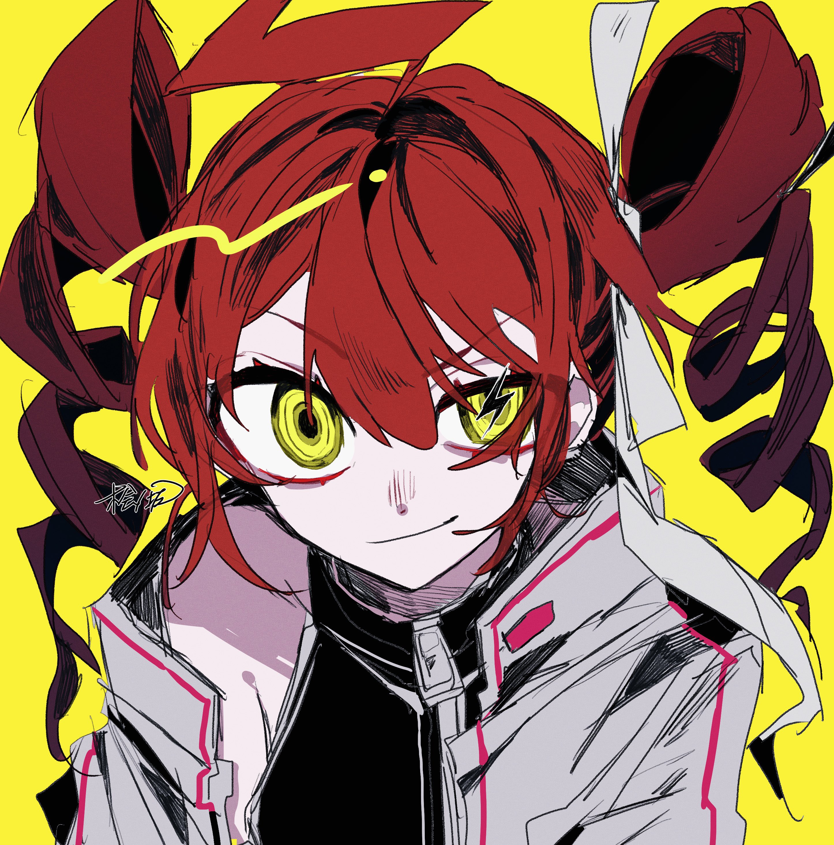 hinoki (yesfish1117), kasane teto, kasane teto (sv), synthesizer v, utau, absurdres, highres, 1girl, ahoge, black shirt, closed mouth, drill hair, hair between eyes, hair ribbon, jacket, lightning bolt symbol, open clothes, open jacket, red hair, ribbon, rokku ni nare!!! (synthesizer v), shirt, sidelocks, signature, smile, solo, twin drills, upper body, v-shaped eyebrows, white jacket, yellow background, yellow eyes