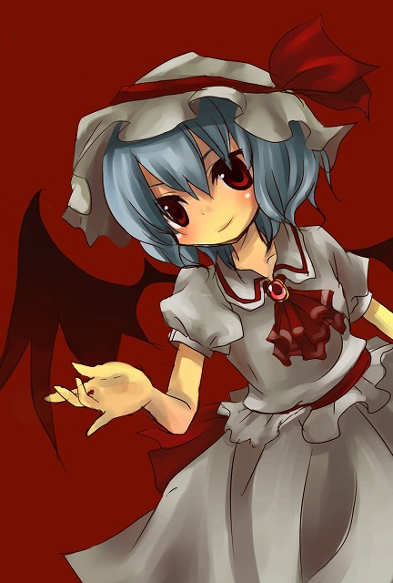 sakusakumonoka, remilia scarlet, touhou, 1girl, ascot, blue hair, blush, brooch, dress, dutch angle, female focus, hat, jewelry, red background, red eyes, short sleeves, simple background, smile, solo, vampire, white dress, white hat