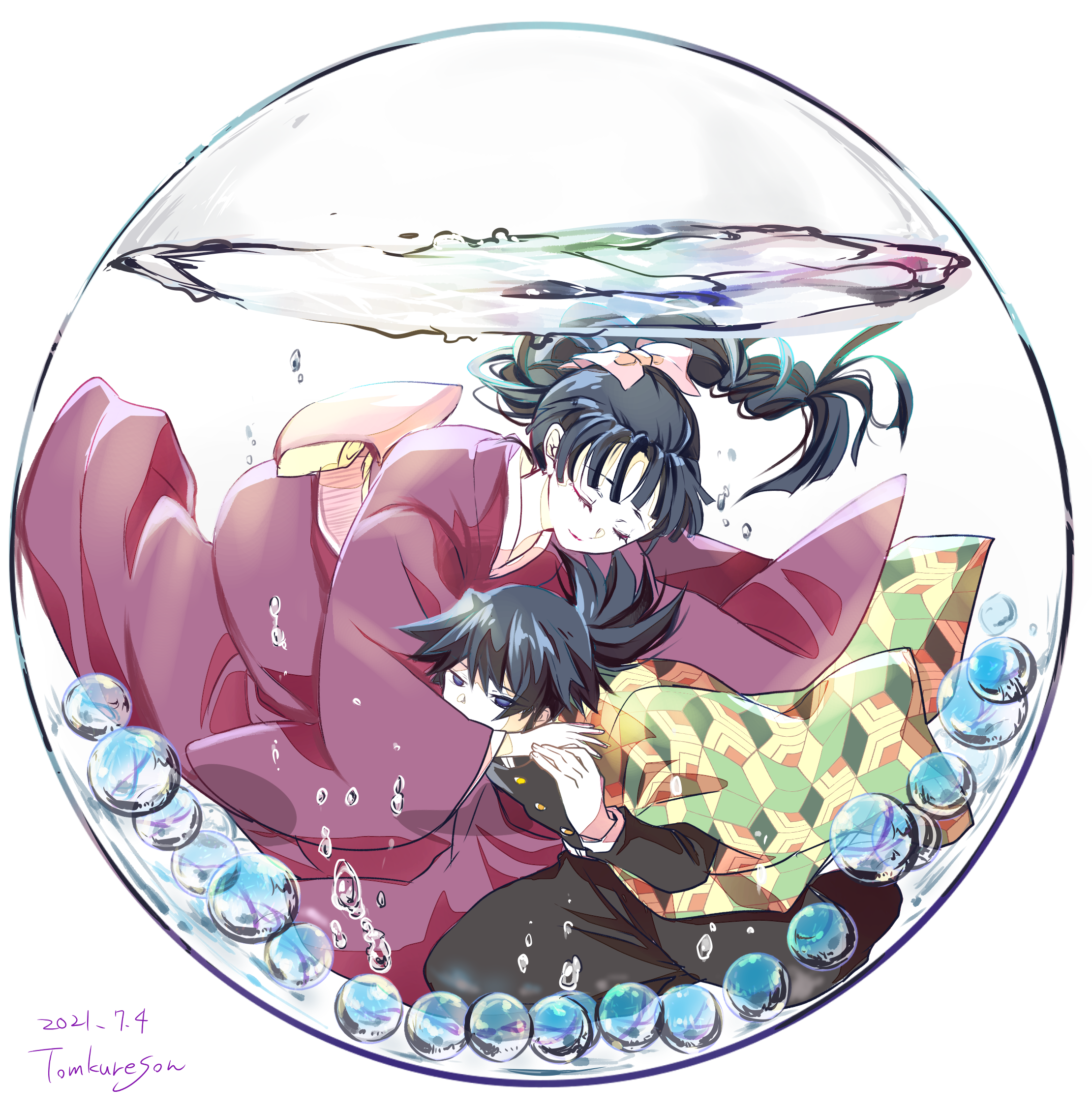 tomkureson, tomioka giyuu, tomioka tsutako, kimetsu no yaiba, highres, air bubble, artist name, black pants, blue eyes, braid, braided ponytail, brother and sister, bubble, closed eyes, closed mouth, dated, fishbowl, gakuran, green kimono, hug, japanese clothes, kimono, long hair, long sleeves, marble (toy), obi, open clothes, open kimono, pants, print kimono, purple kimono, sash, school uniform, short hair, siblings, simple background, water, white background, wide sleeves