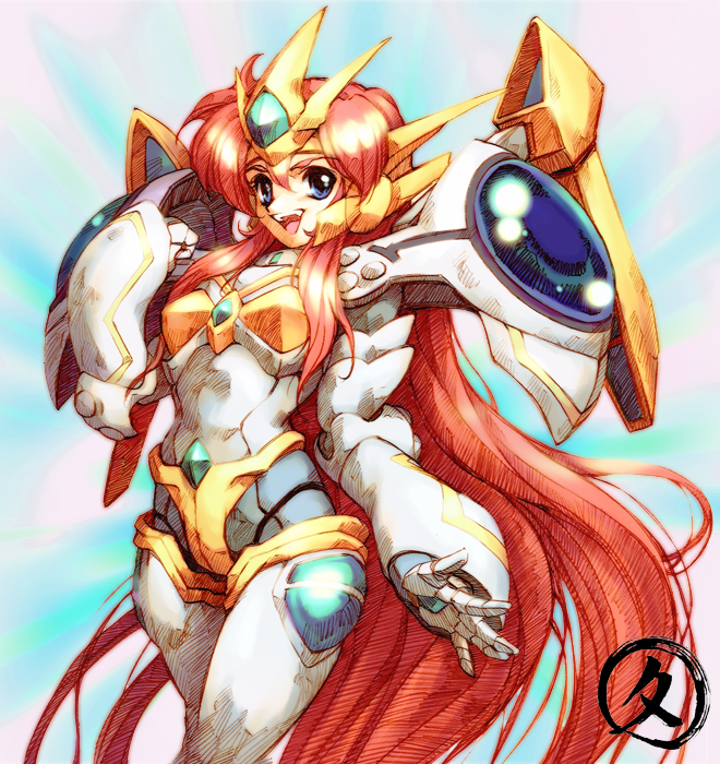 hisahiko, valsione, valsione r, banpresto, super robot wars, super robot wars the lord of elemental, 1girl, blue eyes, female focus, long hair, mecha, red hair, robot, solo, super robot, very long hair