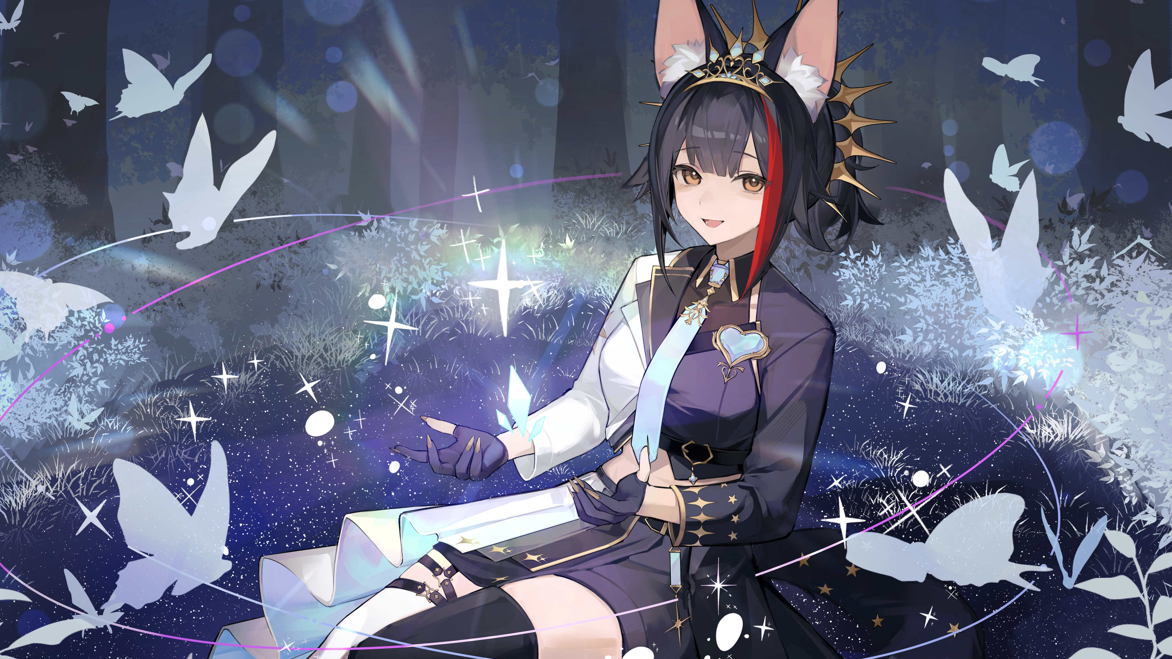 cine (wazd0183), ookami mio, ookami mio (our sparkle), hololive, absurdres, highres, 1girl, :d, animal ears, black gloves, black hair, black jacket, black shirt, black skirt, center-flap bangs, collared shirt, cropped jacket, cropped shirt, double-parted bangs, gloves, gold tiara, half-skirt, heart-shaped gem, jacket, looking at viewer, midriff, multicolored hair, multicolored jacket, necktie, official alternate costume, official alternate hairstyle, open mouth, overskirt, partially fingerless gloves, pleated skirt, red hair, shirt, short hair, single thighhigh, sitting, skirt, smile, solo, spiked hair, streaked hair, thighhighs, two-tone jacket, two-tone skirt, virtual youtuber, white jacket, white skirt, wolf ears, wolf girl, yellow eyes
