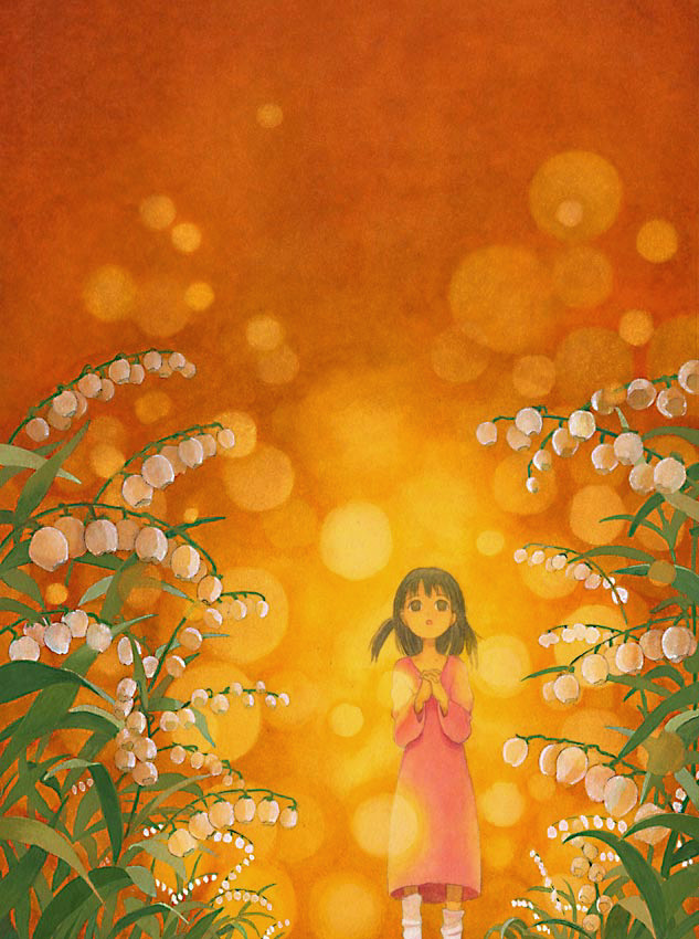 efira, 1girl, bellflower, brown eyes, brown hair, bug, female focus, fireflies, firefly, flower, insect, lily of the valley, loose socks, orange background, own hands clasped, own hands together, socks, solo
