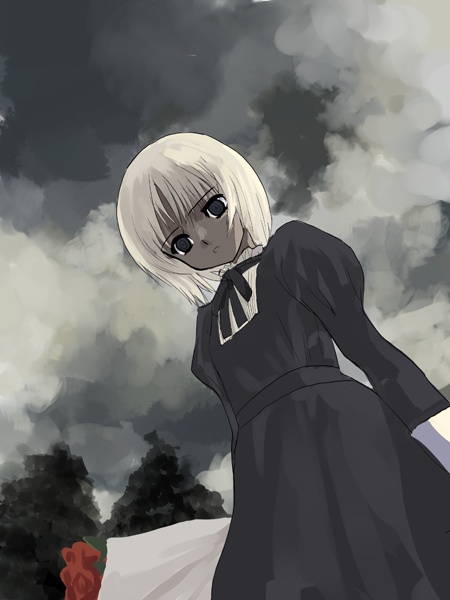 natori (natorism), original, 1girl, black dress, blonde hair, brown eyes, cloud, cloudy sky, dark, dress, female focus, from below, juliet sleeves, long sleeves, looking at viewer, looking down, puffy long sleeves, puffy sleeves, sky, solo
