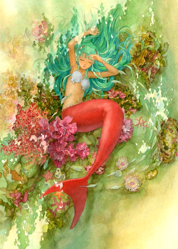 efira, original, painting (medium), traditional media, watercolor (medium), 1girl, aqua hair, armpits, arms up, bikini, closed eyes, coral, fish, full body, long hair, mermaid, monster girl, shell, shell bikini, signature, starfish, underwater, water
