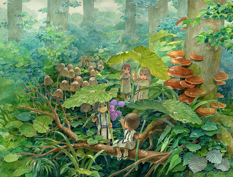 efira, traditional media, 2boys, 2girls, child, forest, leaf umbrella, multiple boys, multiple girls, mushroom, nature, scenery