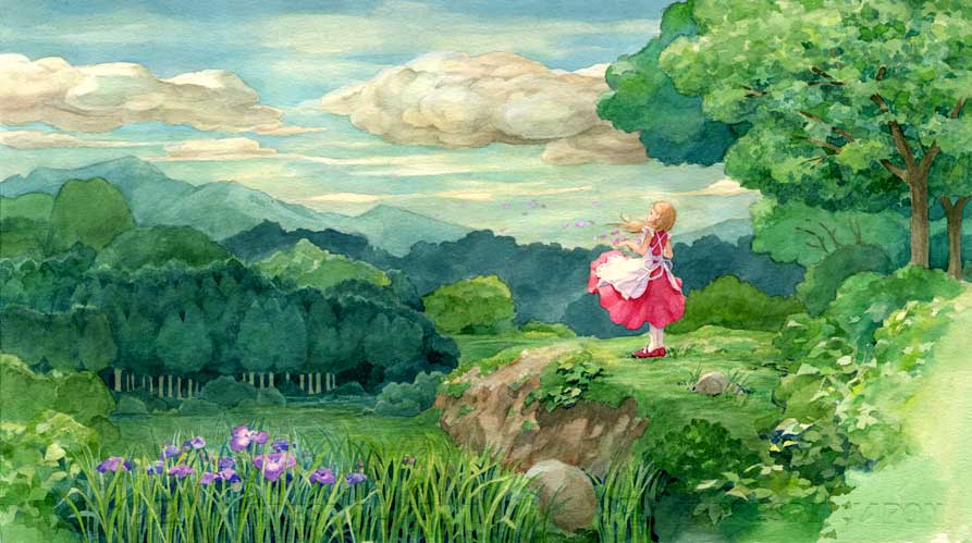 efira, original, traditional media, 1girl, blonde hair, clothes lift, cloud, day, dress, dress lift, female focus, field, flower, forest, meadow, nature, plant, red dress, red shoes, scenery, shoes, sky, solo, standing, tree, wind